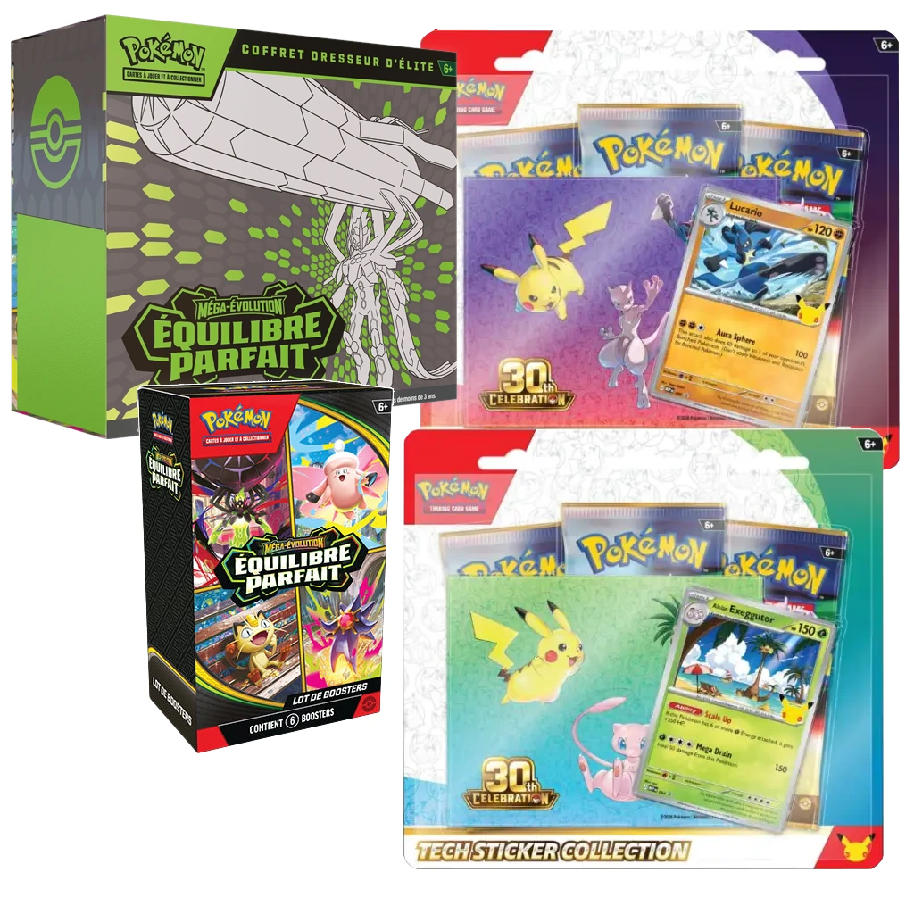 PACK: 2 TRIPACK 30 ANS + 1 ETB ME3 EQUILIBRE PARFAIT + 1 BUNDLE ME3 EQUILIBRE PARFAIT