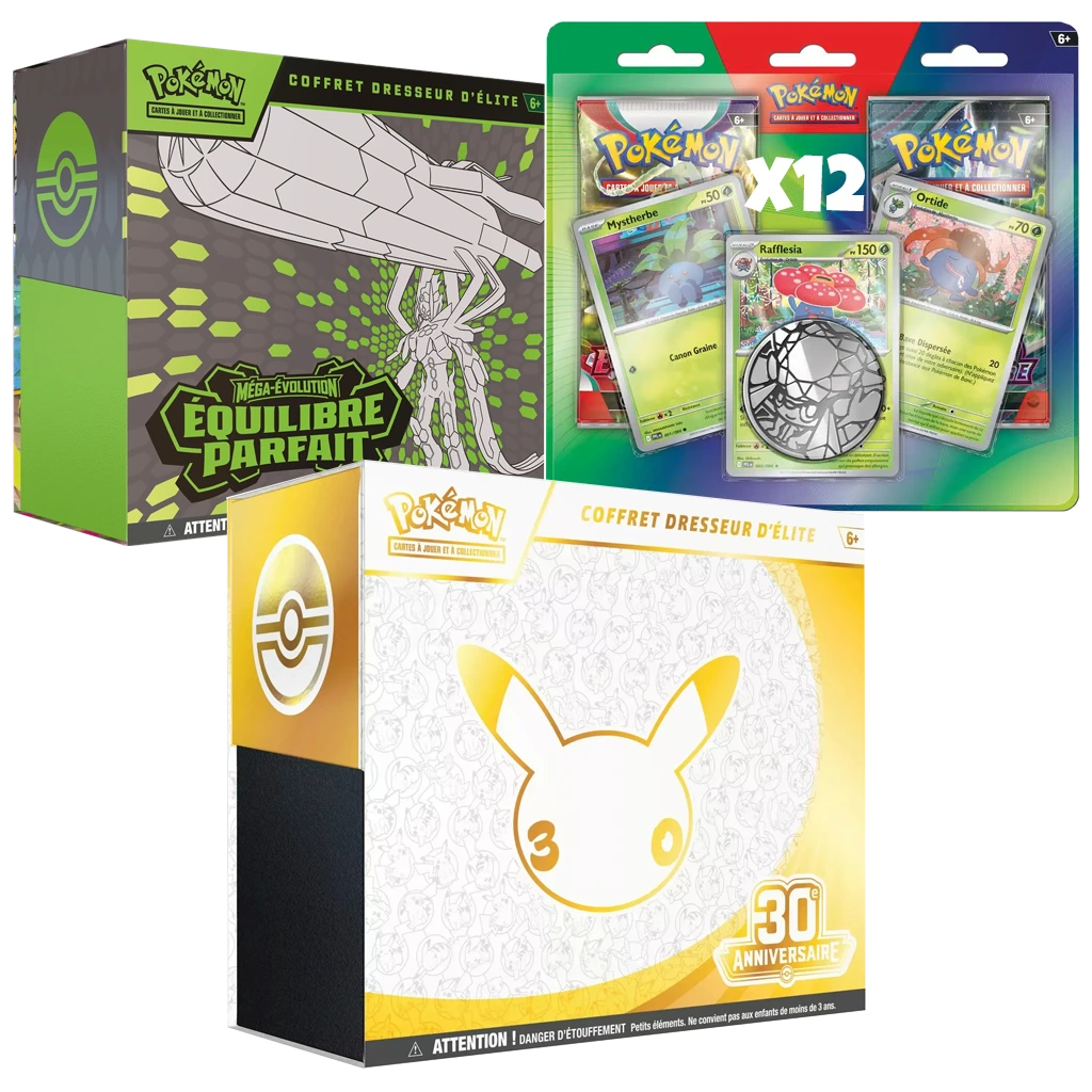 PACK: ETB 30 ANS + 1 ETB ME3 EQUILIBRE PARFAIT + 12 DUOPACK MARS 2026