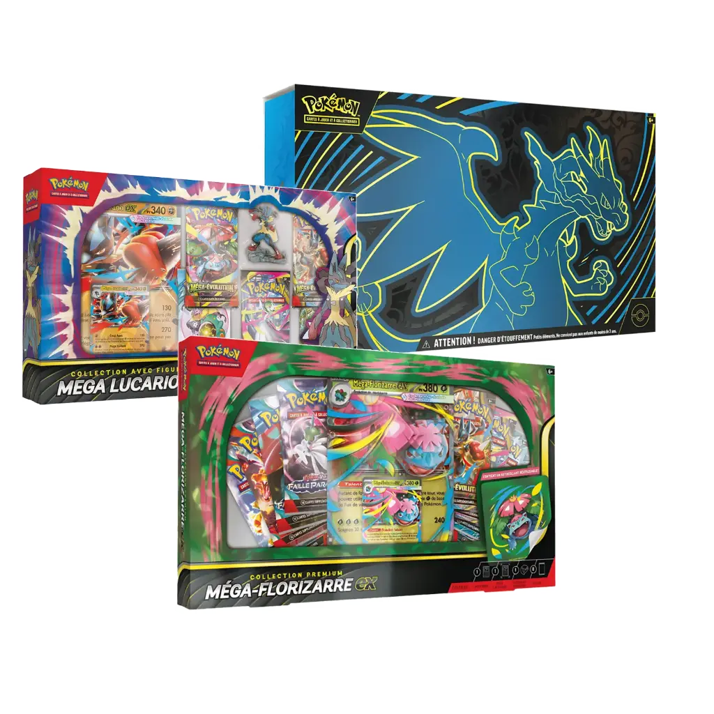 PACK: UPC DRACAUFEU + COFFRET MEGA FLORIZARRE + COFFRET MEGA LUCARIO