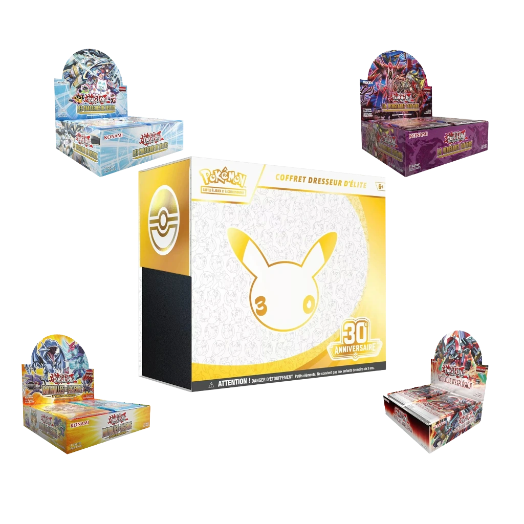 PACK: ETB 30 ANS + Yu-Gi-Oh! Display Protocole d'explosion +  Yu-Gi-Oh! Display Batailles des Légendes + Yu-Gi-Oh! Display La Vengeance Fantôme + Yu-Gi-Oh! Display Les Chasseurs de Justice