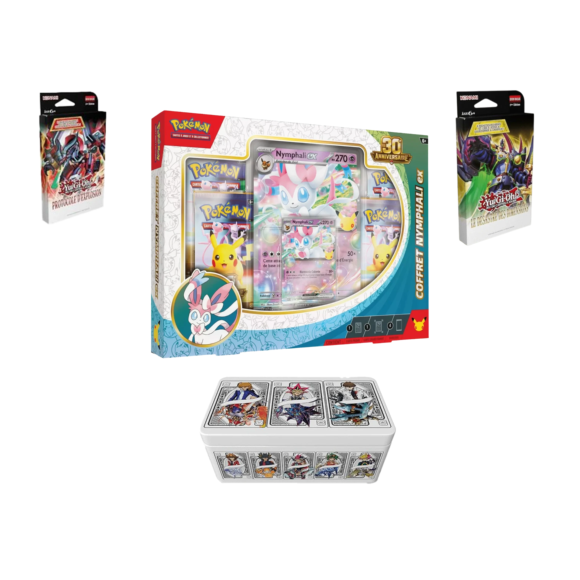 COFFRET NYMPHALI 30 ANS + Yu-Gi-Oh! Bundle (Boite Mega Pack 2025) + Yu-Gi-Oh! Tripack Protocole d'Explosion + Yu-Gi-Oh! Tripack Désastre des Dimensions