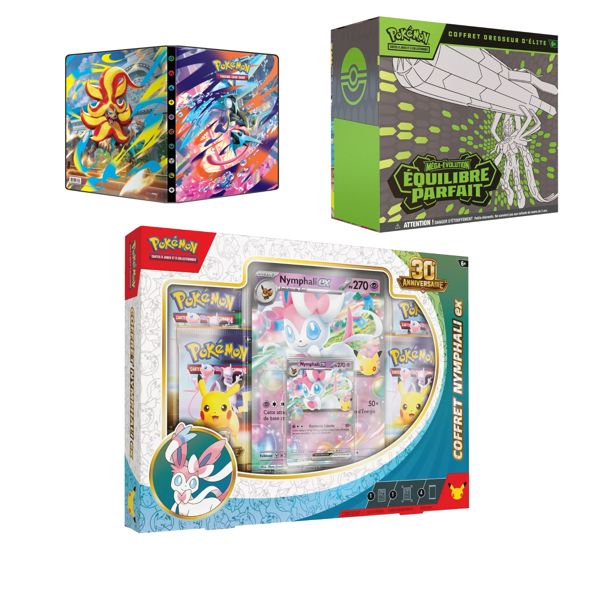 PACK: COFFRET NYMPHALI 30 ANS + ETB ME3 EQUILIBRE PARFAIT + Binder A4 ME4 Amphinoby