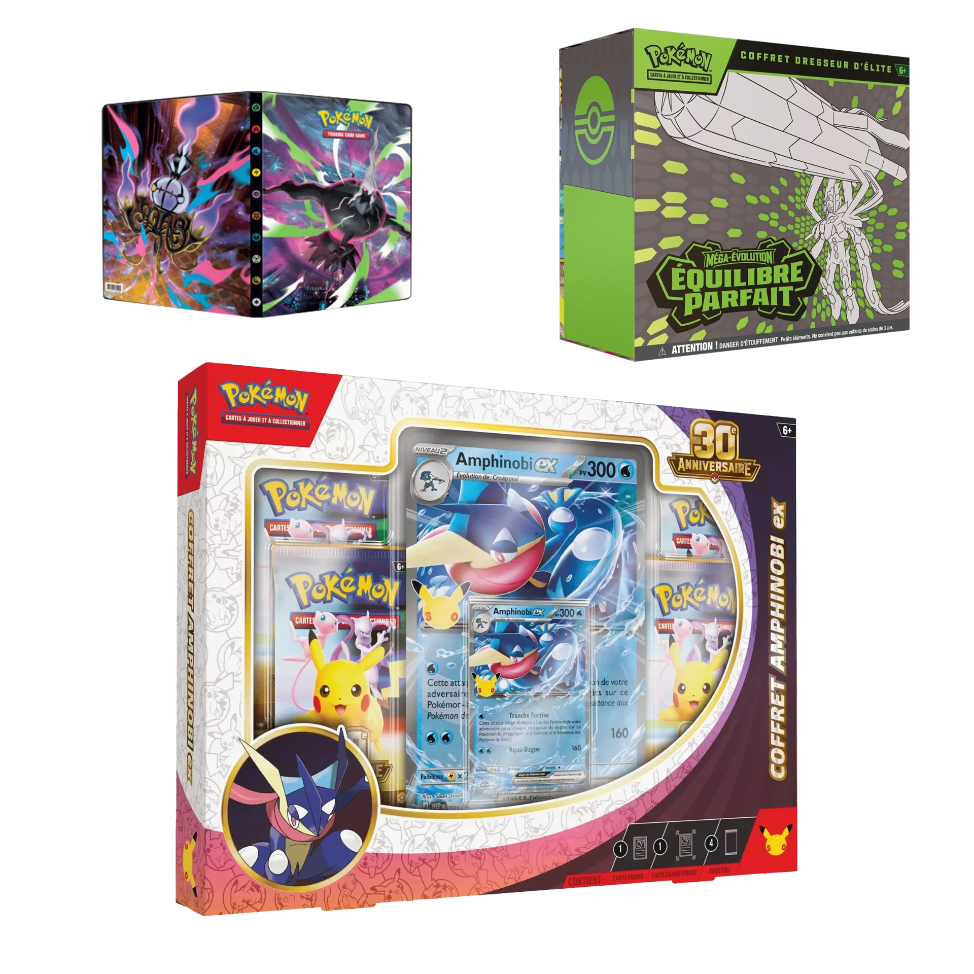 PACK: COFFRET AMPHINOBI 30 ANS + ETB ME3 EQUILIBRE PARFAIT + Binder A4 ME4 Darkrai