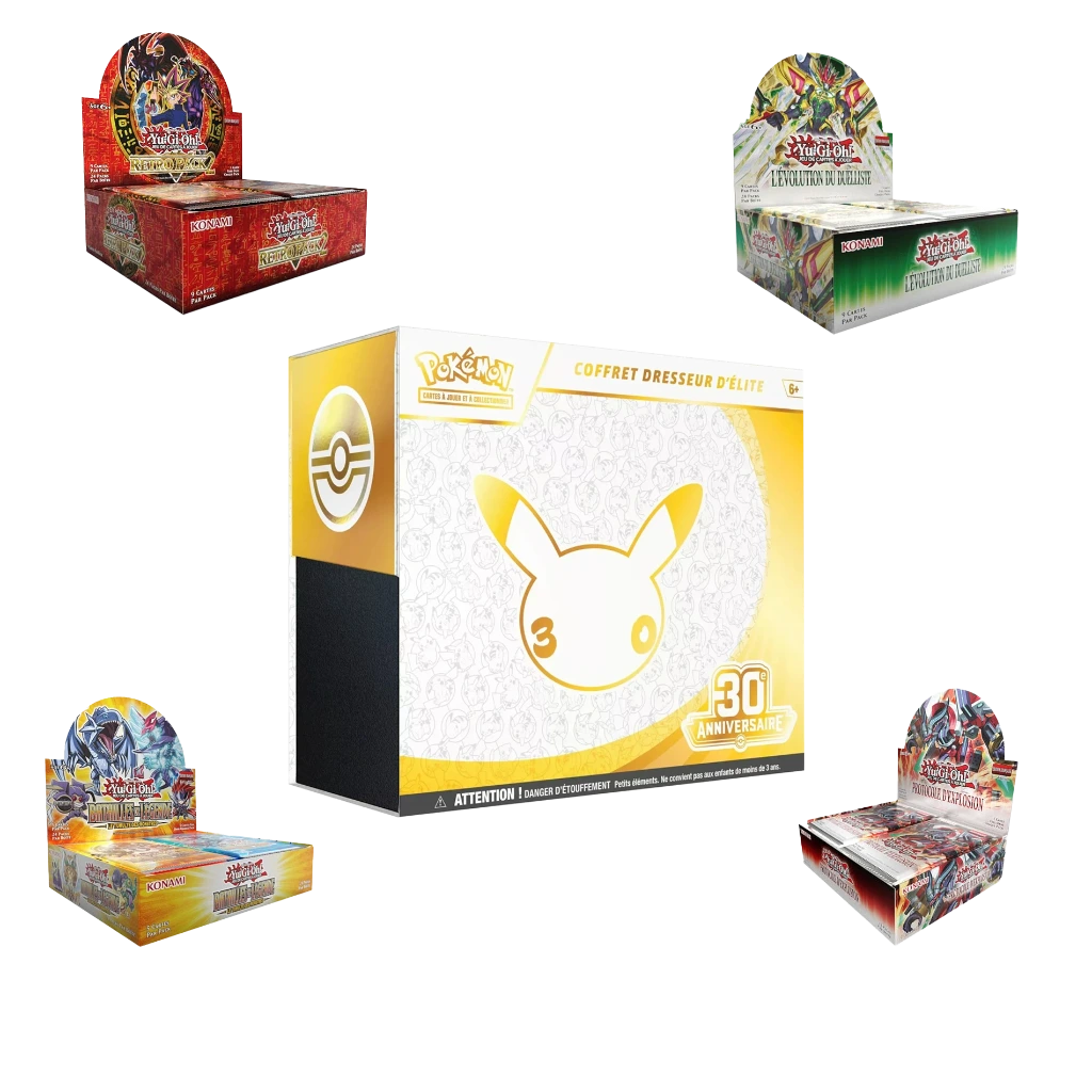 ETB 30 ANS + Yu-Gi-Oh! Display Protocole d'explosion +  Yu-Gi-Oh! Display Batailles des Légendes  +  +  Yu-Gi-Oh! Display L'Evolution du Dueliste + Yu-Gi-Oh! Display Retro Pack 2