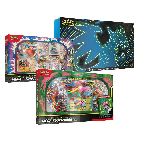 PACK: UPC DRACAUFEU + COFFRET MEGA FLORIZARRE + COFFRET MEGA LUCARIO